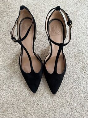 Tory Burch Black Suede T-Strap Pointed Heels